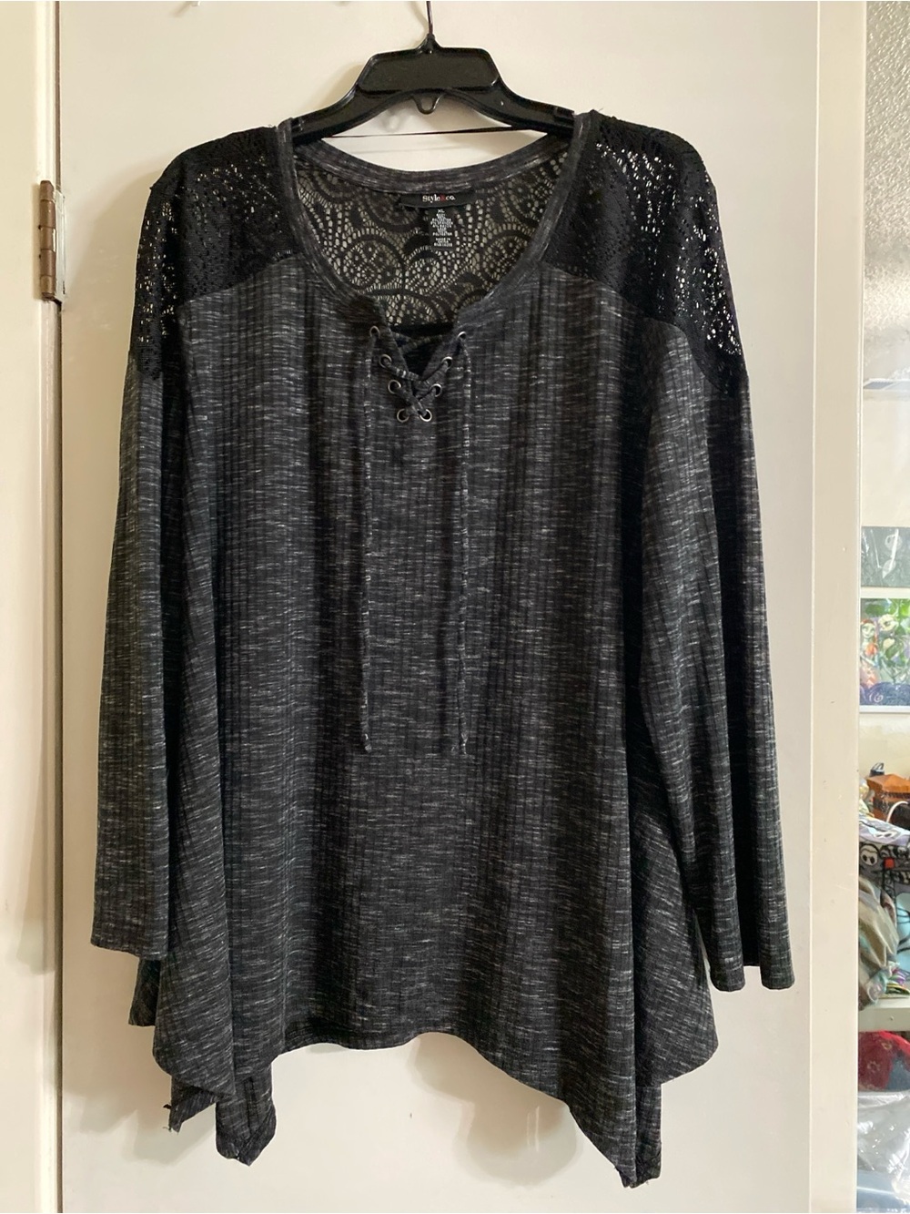 Style & Co charcoal, gray with black lace, front, shoulders pullover, lace up